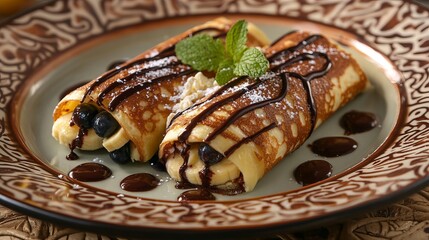 Delicious Banana Blueberry Crepes Chocolate Sauce Sweet Dessert Food Photography Gourmet Recipe Breakfast Brunch Tasty Culinary Image Sweet Treat     
