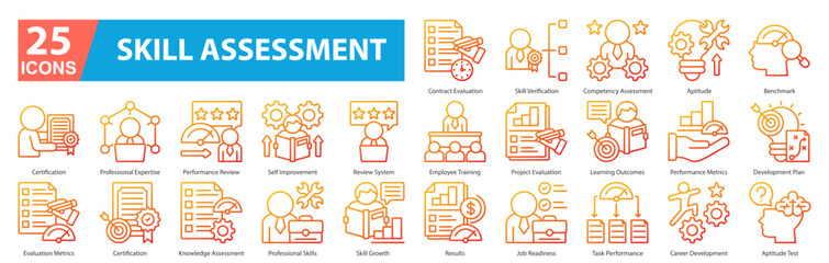 Skill Assesment Icon Sheet contract evaluation, employee training, results, skill verification, competency assessment, aptitude, benchmark, certification, professional expertise, performance review