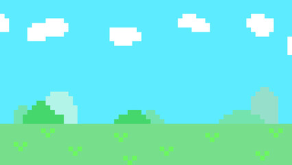 ロールプレイングゲーム風の空と草原のドット絵の背景イラスト © ブランチマイニング