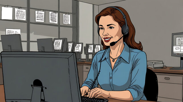 Smiling Female Telemarketer Engaged in Customer Service at a Call Center Desk