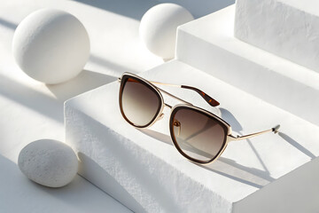 Stylish Round Sunglasses with Gradient Lenses on White Surface	