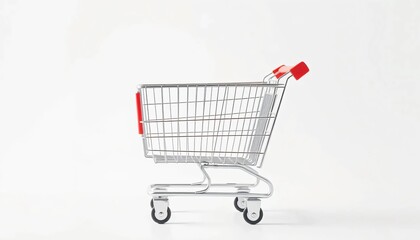 A Metallic Shopping Cart with a Red Handle on Four Wheels, Styled Against a Plain White Background. Generative AI
