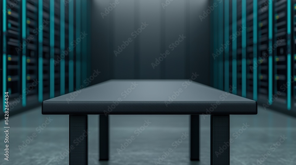 Poster futuristic black carbon fiber table displaying tech product in data center