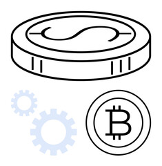 Dollar and Bitcoin coins beside gears symbolizing cryptocurrency, digital economy, blockchain, fintech advancement, financial growth, decentralized systems, and innovative technology. Ideal