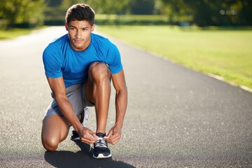 Young sportsman tying shoelace ready for morning jogging. Workout and healthy lifestyle concept