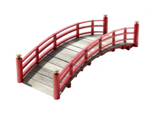 Elegant red wooden japanese style arch bridge design 3d asia model curve on transparent background