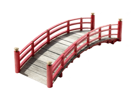 Elegant red wooden japanese style arch bridge design 3d asia model curve on transparent background