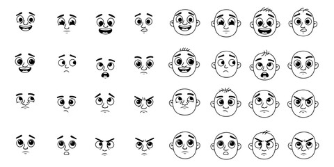 Character creation toolkit vector set of hand drawn cartoon heads with simple hairstyles and emotions, plus separate isolated eyes, mouths, eyebrows line art assets.