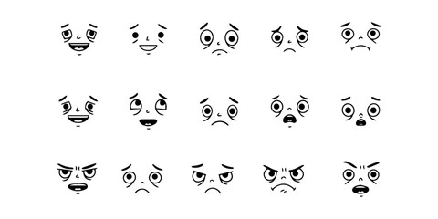 Vector set of various expressive cartoon face  happy, sad, angry, surprised, confused emotions illustrated in simple black and white hand drawn line art character style collection