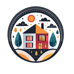 Illustrated House with Trees and Clouds