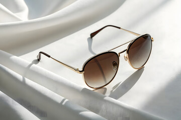 Stylish Round Sunglasses with Gradient Lenses on White Surface	