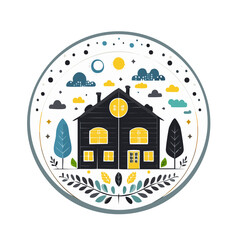 Illustrated House with Trees and Clouds