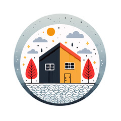  Illustrated House with Trees and Clouds