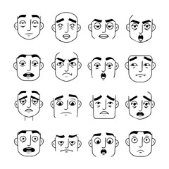 Fototapeta premium Collection of sixteen cartoon faces with different expressions in black and white line art style