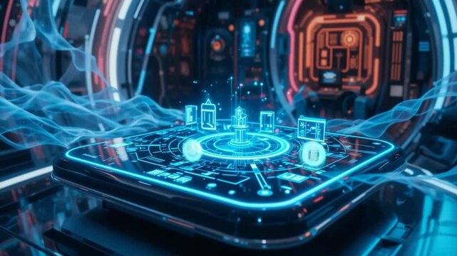Futuristic technology interface showcasing augmented reality and data visualization platform
