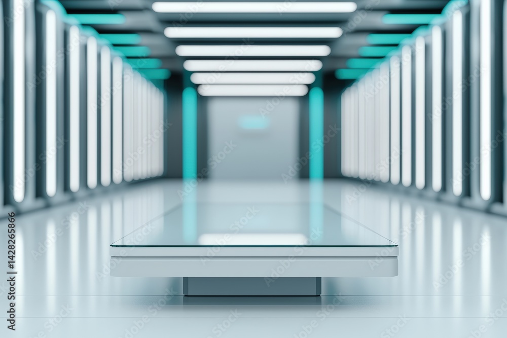 Poster futuristic glass table displaying cutting-edge technology in a robotic laboratory