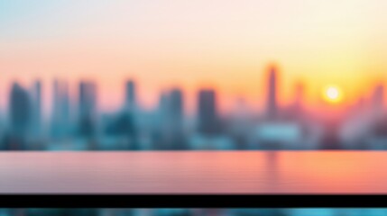 Obraz premium Glass desk reflecting vibrant city skyline at sunset: growth and innovation