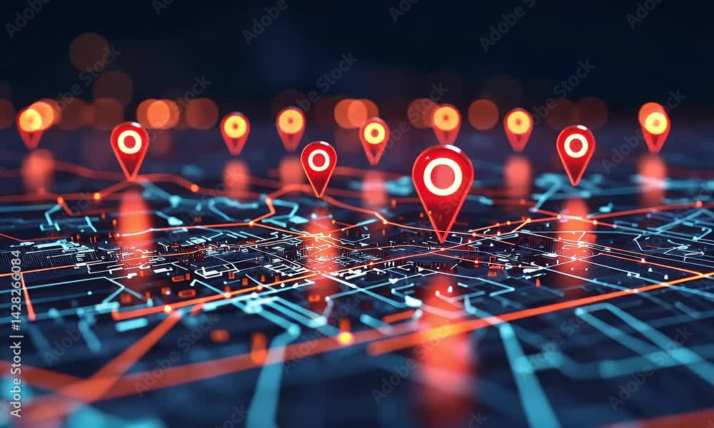 Poster futuristic digital map interface showing glowing gps location markers on a city grid, representing a