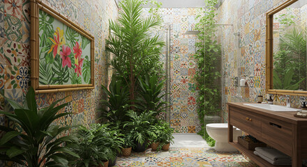 Bathroom interior features potted plants, floral art, patterned tiles, natural light