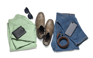Composition with stylish male clothes, shoes, accessories and modern mobile phone on white...