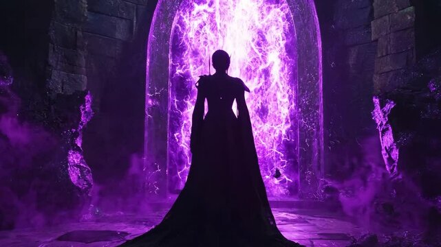 A mysterious dark sorcerer clad in flowing robes stands before a glowing purple portal within an ancient, otherworldly structure. The image evokes a sense of dark magic, power, and fantasy adventure.