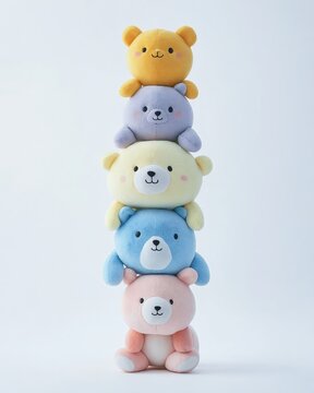 Una pila de ositos de peluche de colores pastel apilados uno encima del otro sobre un fondo blanco.