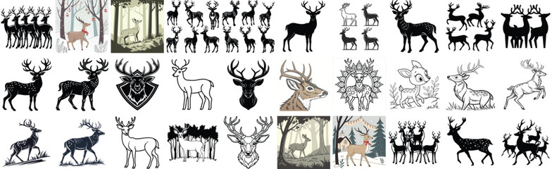 Diverse Collection of Deer Illustrations and Silhouettes