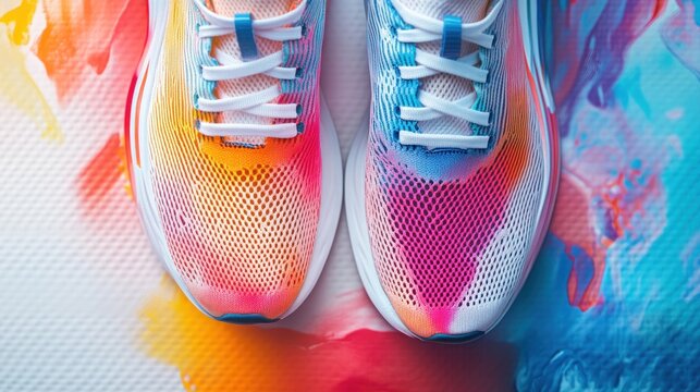 Vibrant running shoes with a colorful, abstract design