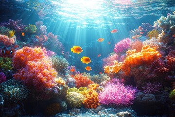 Naklejka premium A Vibrant Coral Reef Scene Underwater With Sun Rays