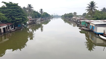 Obraz premium Canal houses, water reflections, city skyline, poverty, Asia
