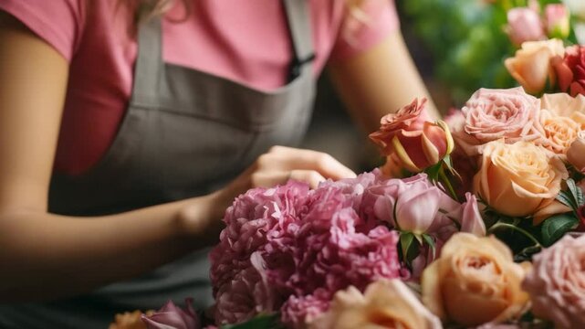 Creative female florist crafting a decorative floral bouquet.