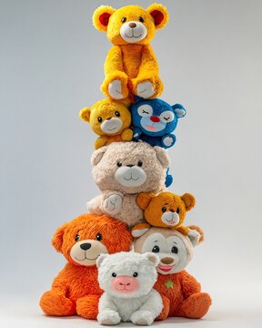 Una pila de osos de peluche de varios colores, apilados uno encima del otro contra un fondo gris claro.