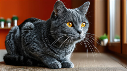 Gray tabby cat reclining on sofa in stylish living room
