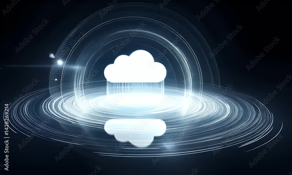 Poster a cloud icon surrounded by glowing lines, with data flowing around it and a digital technology backg