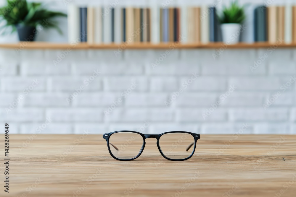 Poster reading glasses resting on wooden desk with blurred bookshelf in background, inviting space for stud