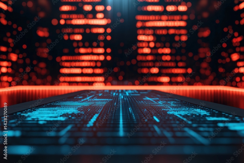 Poster Futuristic fiber table displaying data against abstract cloud backdrop