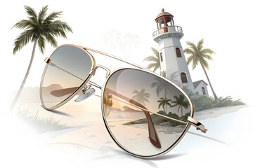 Stylish Round Sunglasses with Gradient Lenses on White Surface with reflected senery