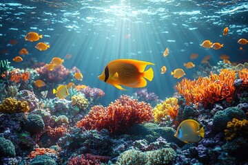 Naklejka premium Underwater ocean scene features colorful coral and various fish