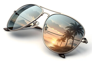 Stylish Round Sunglasses with Gradient Lenses on White Surface with reflected senery