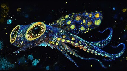 Glowing Octopus floats in deep sea, surrounded by life. Suitable for kids content