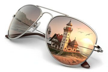 Stylish Round Sunglasses with Gradient Lenses on White Surface with reflected senery