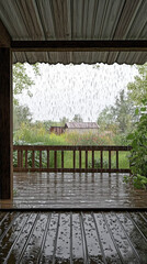 Summer rain creates a tranquil atmosphere on the porch roof of a dacha, surrounded by lush greenery and distant cottages