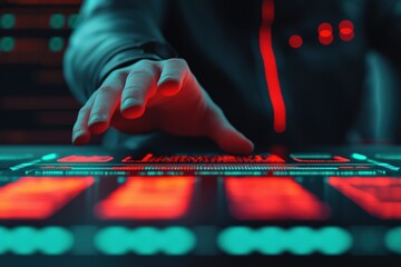 Programmer interacting with futuristic holographic interface in dark server room