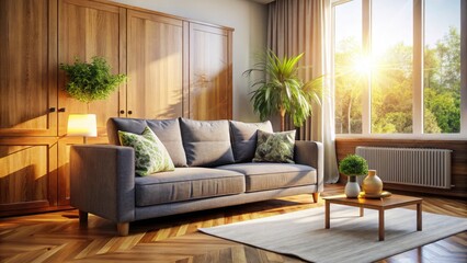 Macro Photography: Gray Sofa, Wooden Cupboard Living Room Interior Mockup, Sunlight, 3D Render