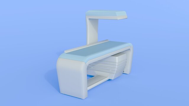 A 3d rendering of  a portion of a DEXA or Dual-energy X-ray absorptiometry machine. A clean and functional, typical of medical diagnostic equipment.