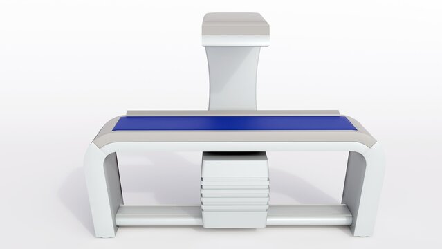 A 3d rendering of  a portion of a DEXA or Dual-energy X-ray absorptiometry machine. A clean and functional, typical of medical diagnostic equipment.