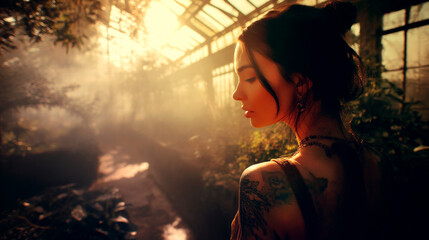 Mujer a contraluz en invernadero