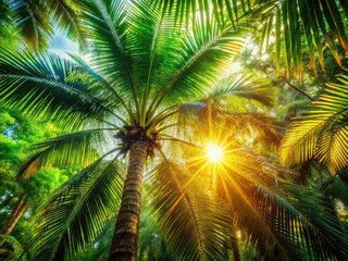 Obraz premium Magical Sunlit Palm Tree Forest Bokeh Photography - Lush Jungle Sunlight Rays