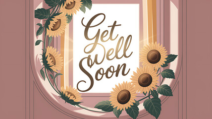 Illustrated card with Get Well Soon sentiment framed by sunflowers and a soft inviting color palette.