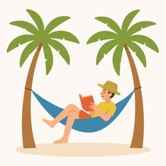 Man reading a book in a hammock under palm trees on the beach
